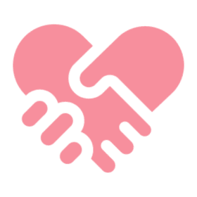 Pink heart-shaped handshake icon on black background.