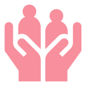 Hands holding two pink figures, black background.