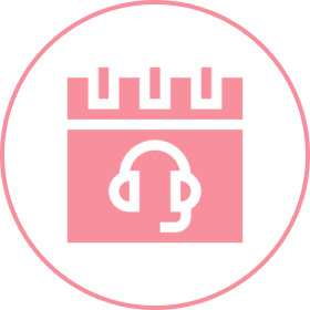 Calendar icon with headset in pink circle.
