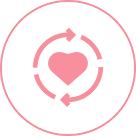 Pink heart with circular arrows icon.