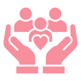 Pink hands holding people and heart icon.