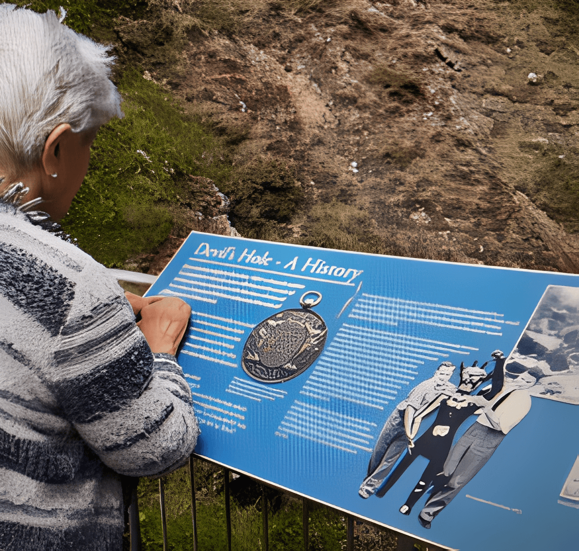 Person reading historical information display outdoors.
